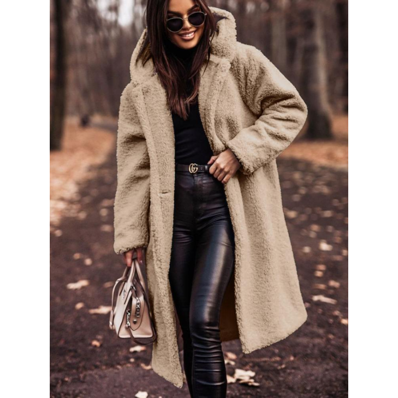Teddy Mantel | Lange dames jas met capuchon in zachte teddy stof | MARA