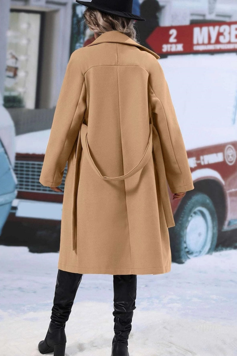 Lange jas | Wolmix double breasted jas met ceintuur en revers | CELINA