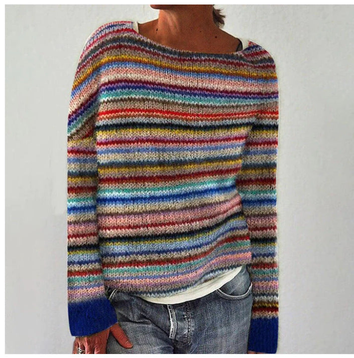 Trui | Gestreepte damestrui van knit met lange mouwen | LONA