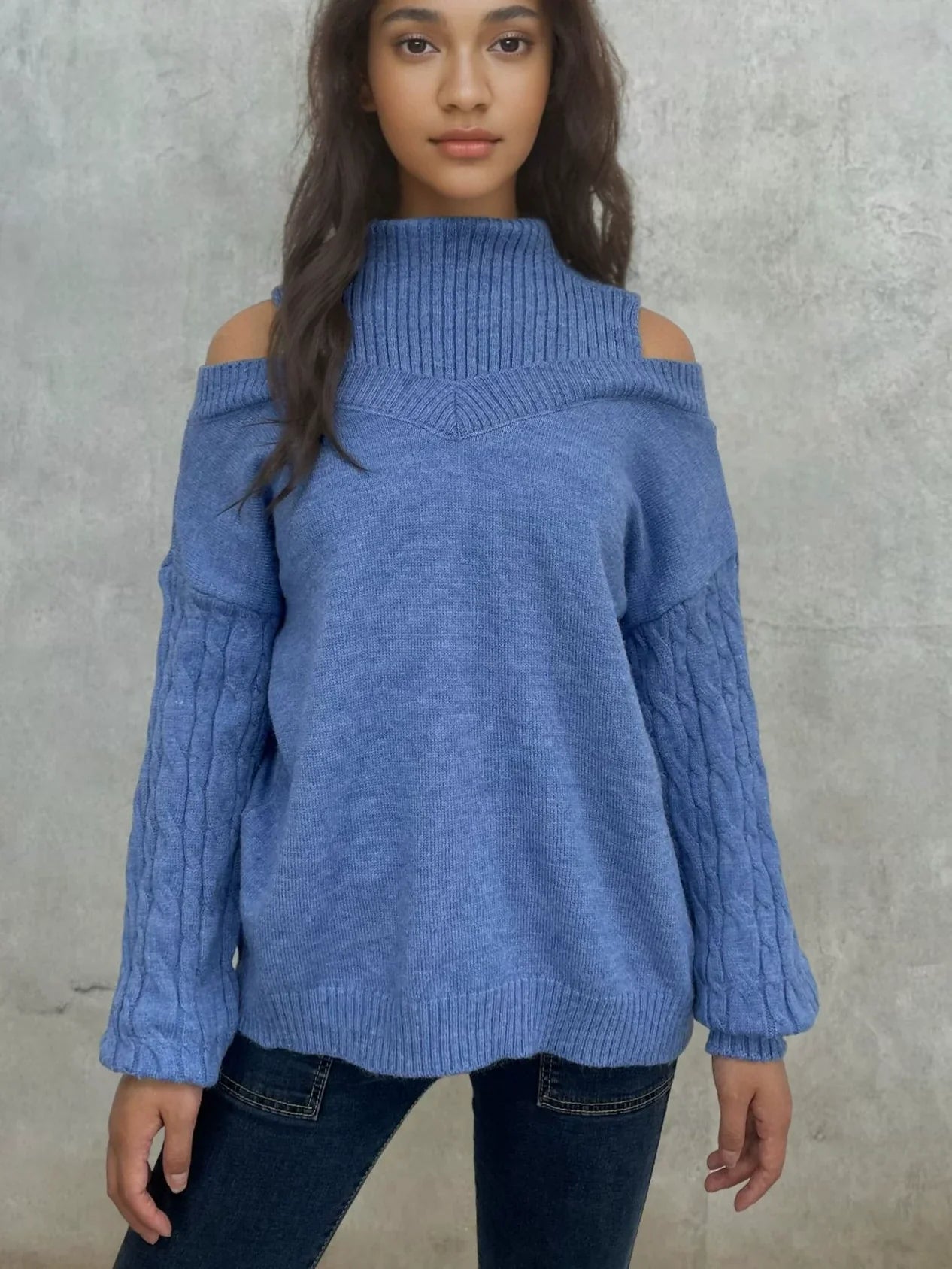 Trui | Cable knit off shoulder met lantern mouw | LEXA