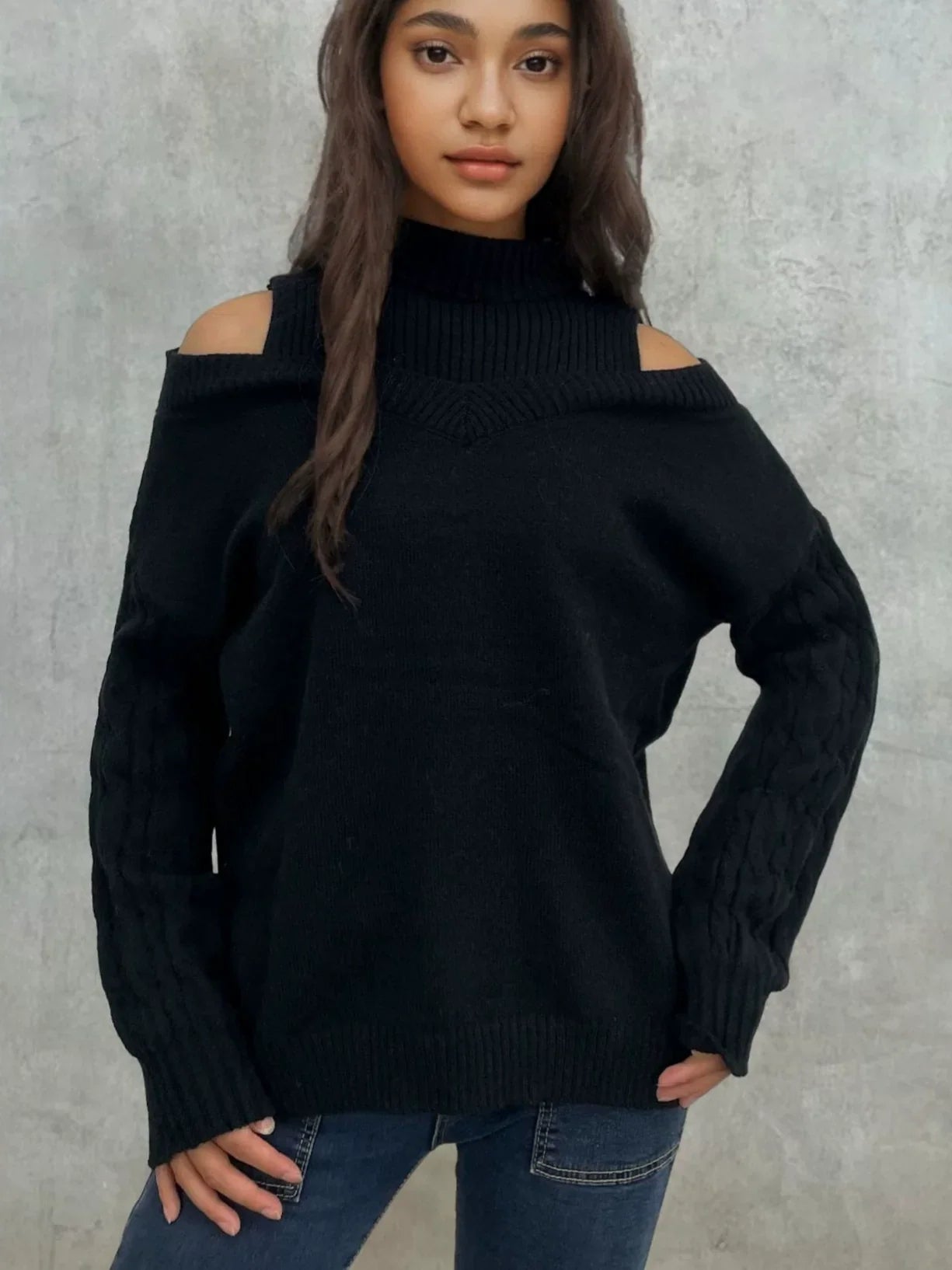 Trui | Cable knit off shoulder met lantern mouw | LEXA