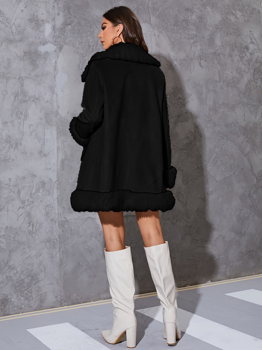 Lange jas | Wollook jas met faux fur kraag en open voorkant | ALBA